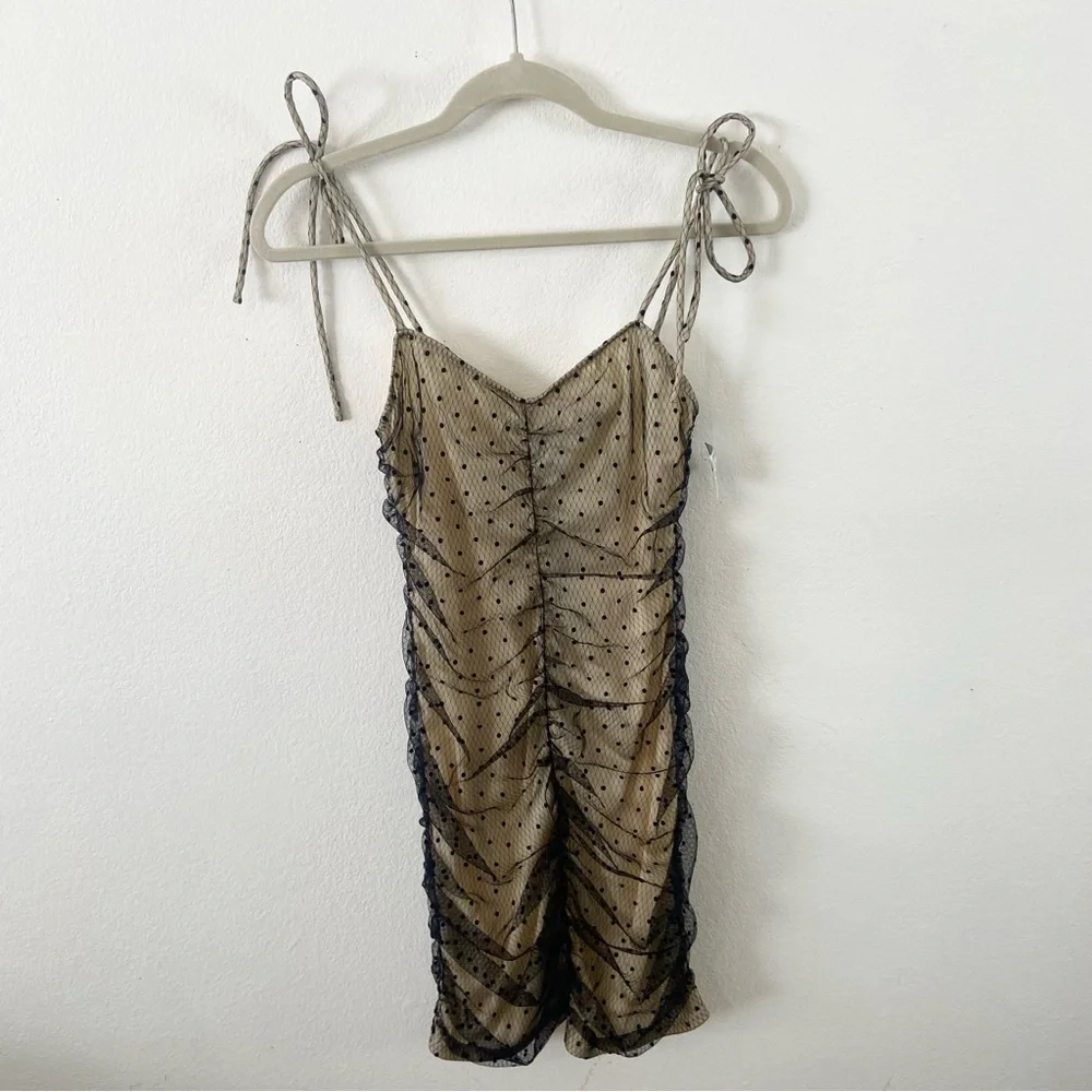 Papaya nude black Swiss dot lace overlay scrunch bodycon tie strap mini dress